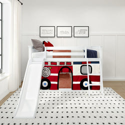 Red fire truck playhouse kids loft bed with slide and ladder in modern white children's bedroom with framed truck art