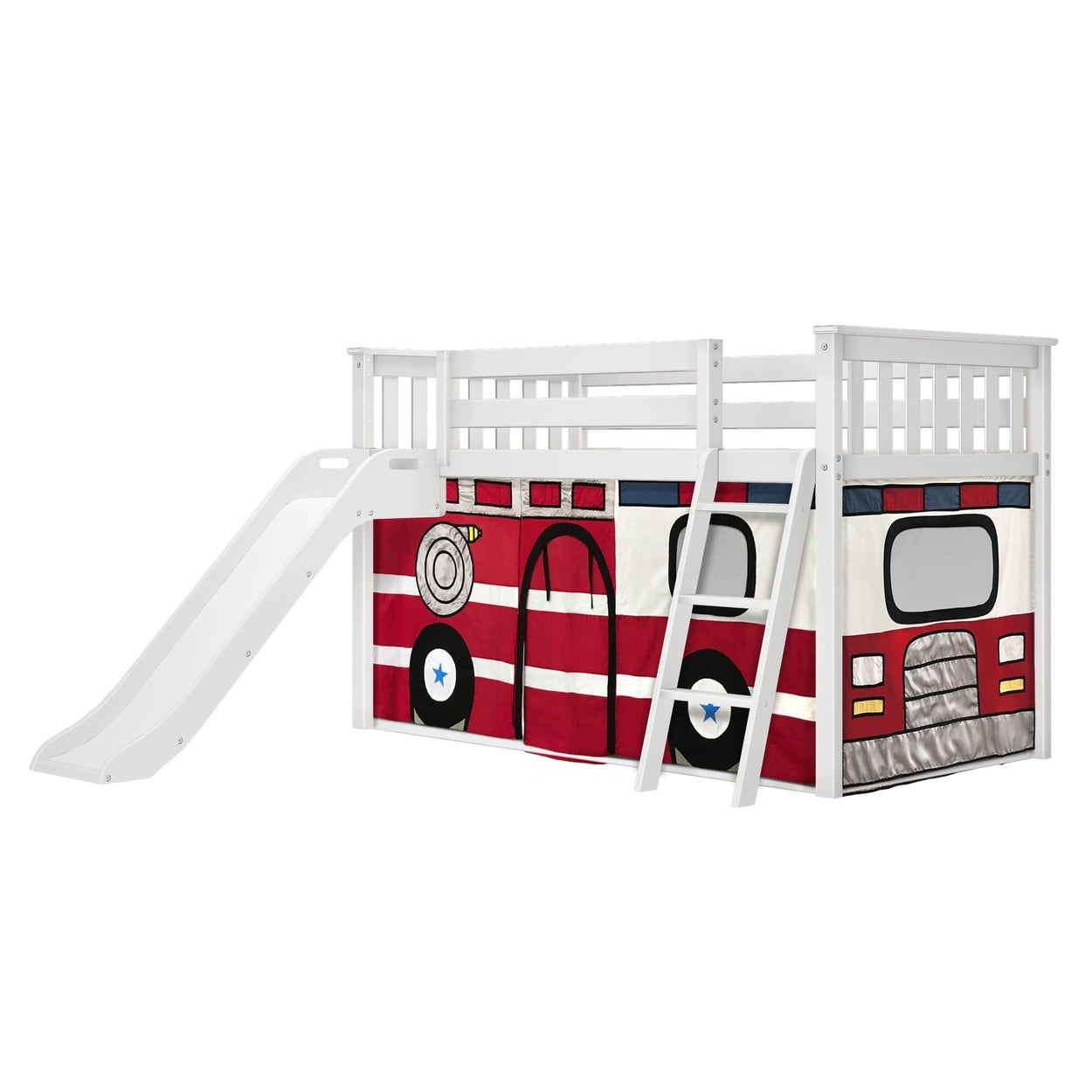 180417002043 : Bunk Beds Low Bunk with Easy Slide and Firetruck Curtain, White