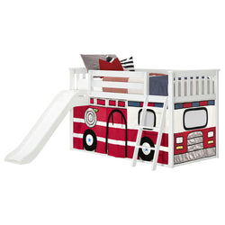White wooden loft bed with slide and ladder, red fire truck play-tent panels, twin kids bed for toddlers and boys