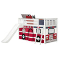 White wooden loft bed with slide and ladder, red fire truck play-tent panels, twin kids bed for toddlers and boys