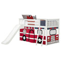 White wooden kids loft bed with slide and ladder and red fire truck play tent underneath