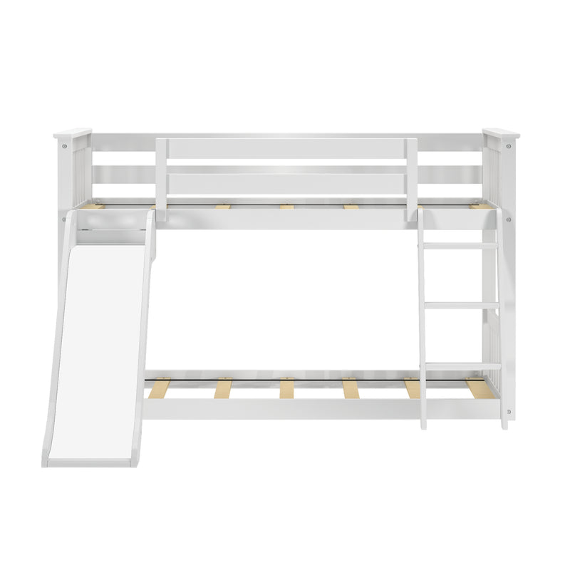 White wooden twin-over-twin bunk bed with slide and ladder, slatted mattress supports, space-saving kids loft bed