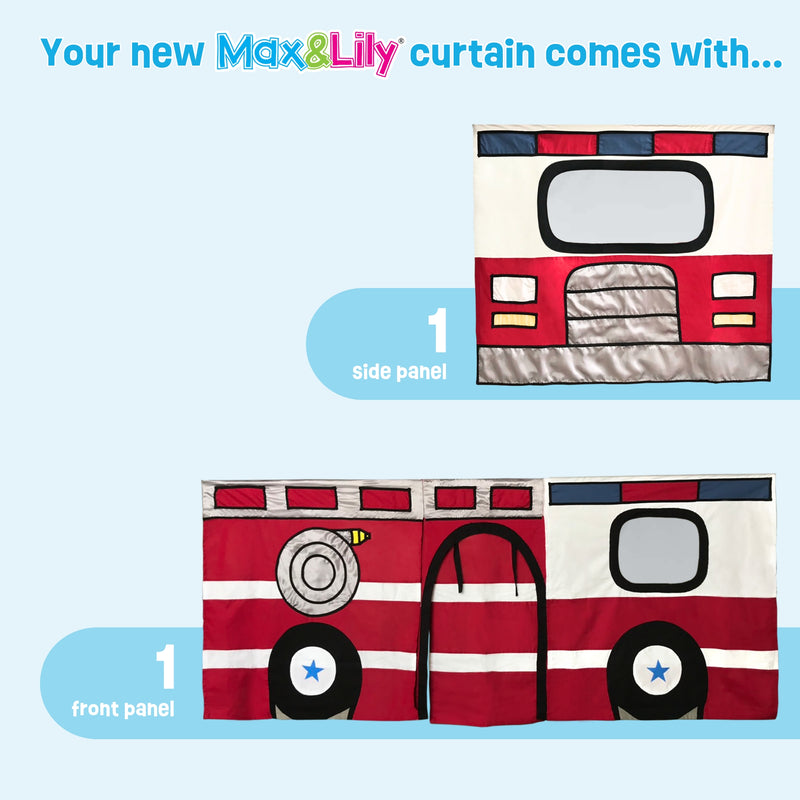 Max&Lily kids fire truck curtain set — red fire engine front and side panels with doorway flap, decorative wheels and hose graphics for children's bedroom/playroom
