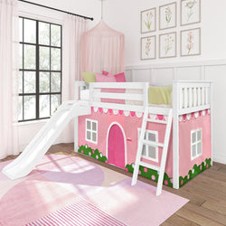 180417002064 : Bunk Beds Low Bunk With Easy Slide & Light Pink & White Farmhouse Curtain, White