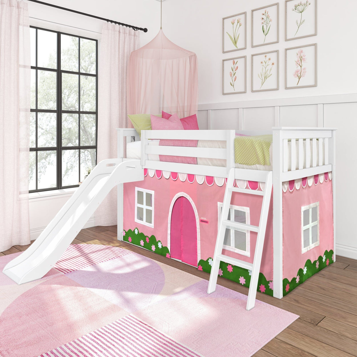 180417002064 : Bunk Beds Low Bunk with Easy Slide and Light Pink and White Farmhouse Curtain, White