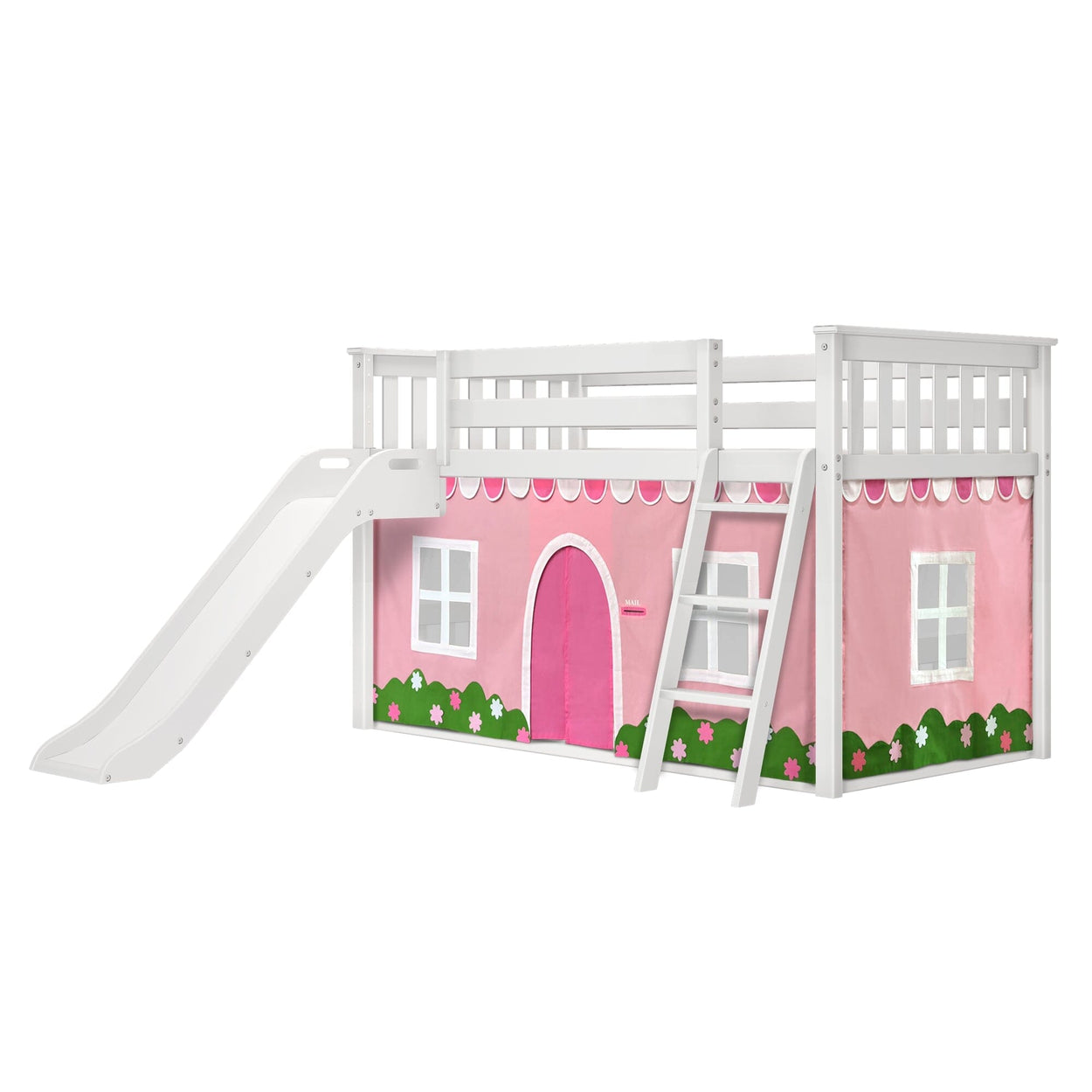 180417002064 : Bunk Beds Low Bunk with Easy Slide and Light Pink and White Farmhouse Curtain, White