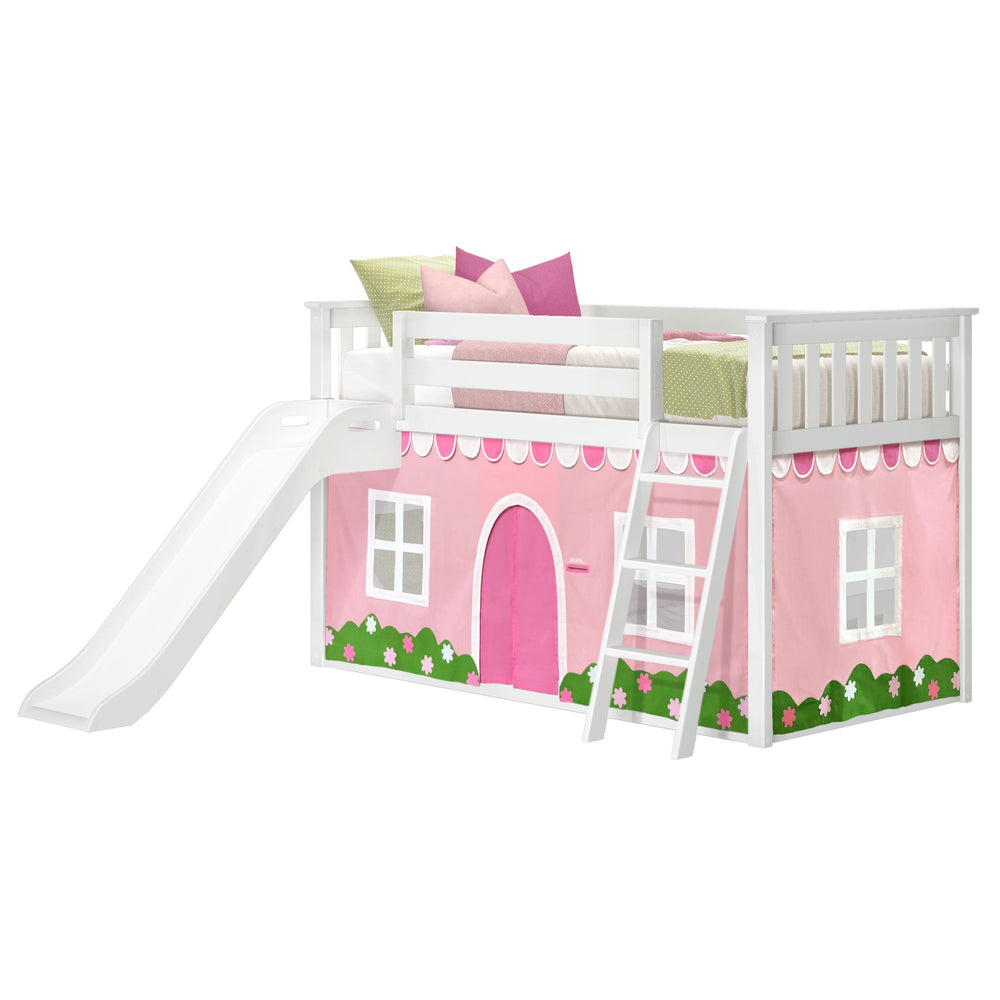 Children's loft bed with slide and pink playhouse tent design.