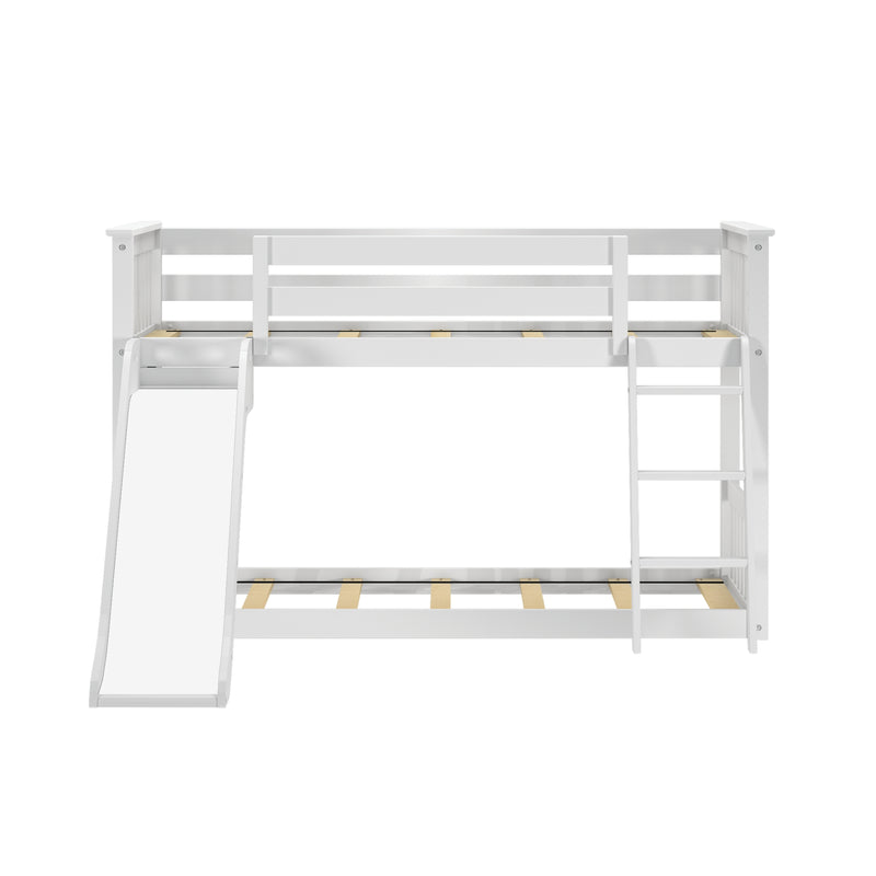White wooden loft bed with slide and ladder for children's bedroom.
