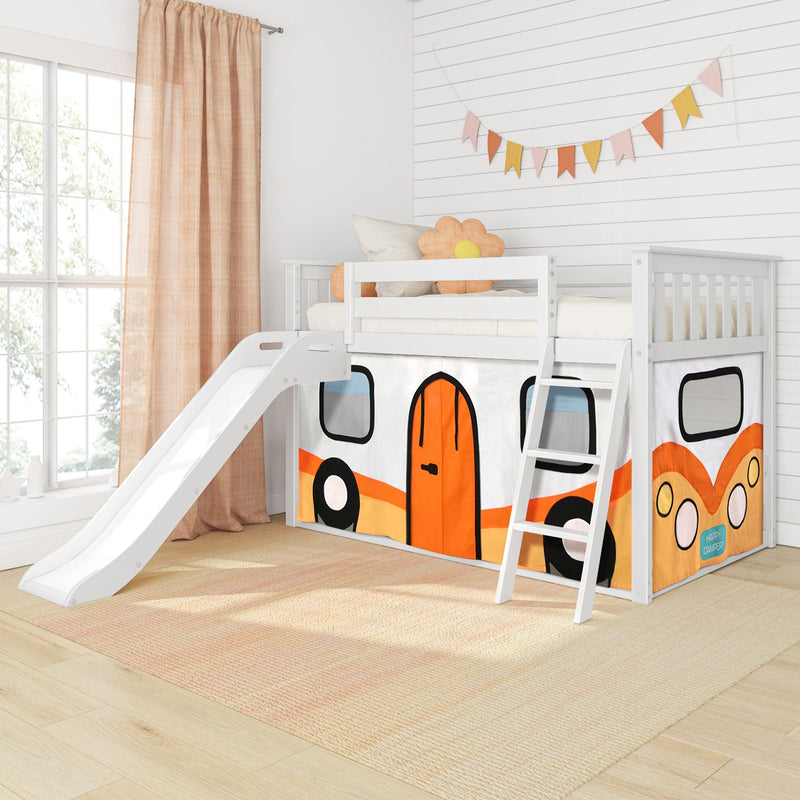 Kids loft bed with slide and camper design in a bright, cozy room with natural lighting.