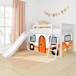 White wooden kids loft bed with slide, ladder and orange camper-themed playhouse curtain in bright children's bedroom