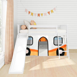 Children's loft bed with slide and playful bus-themed curtains in a bright bedroom.