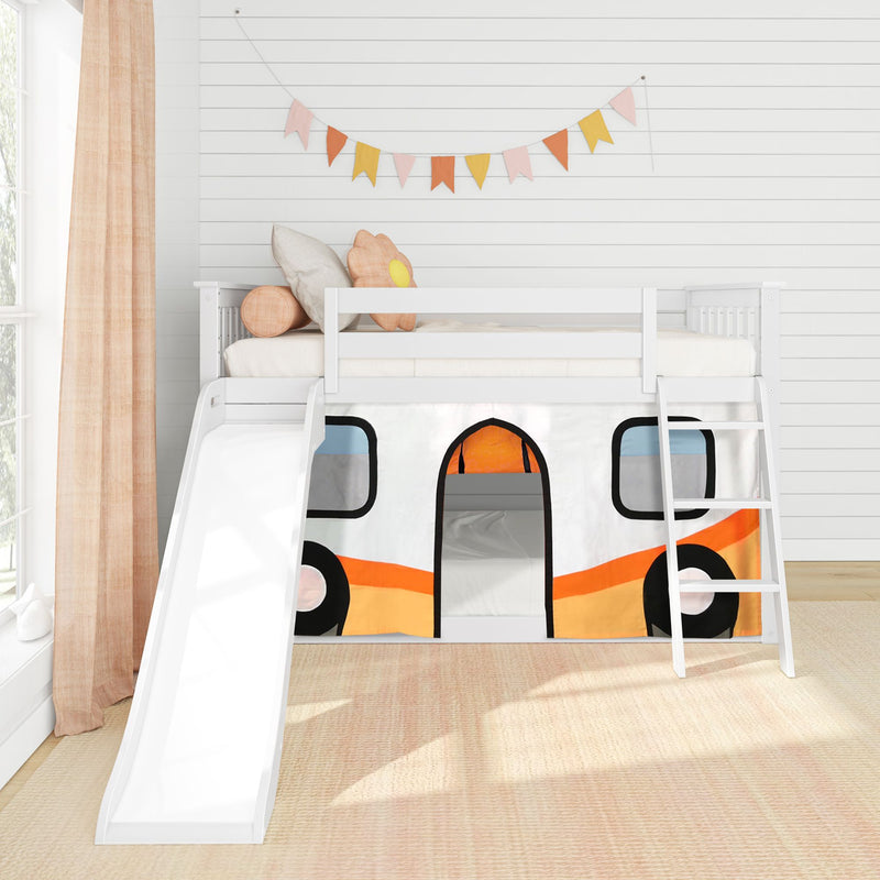 Children's loft bed with slide and playful bus-themed curtains in a bright bedroom.