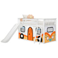 White wooden kids loft bed with slide and ladder, orange camper-themed playhouse panels — space-saving single bed for toddlers and children