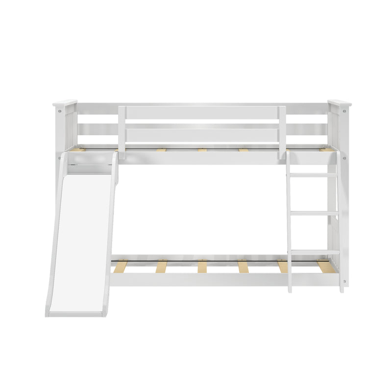 White children's loft bed with slide and ladder for kids' bedroom.
