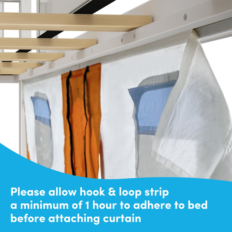 Curtain hanging on a bed frame with hook and loop strip installation instructions.