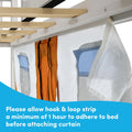 Bunk bed curtain installation showing hook-and-loop strip attached to bed frame; allow 1 hour for adhesive to adhere