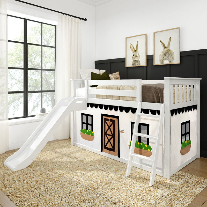 Children's loft bed with slide and house-themed play curtain in a cozy bedroom.