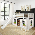 Kids white wooden loft bed with slide and ladder featuring farmhouse playhouse skirt with window boxes in bright modern children's bedroom with bunny wall art