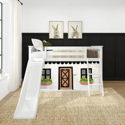 180417002069 : Bunk Beds Low Bunk with Easy Slide and Black and White Farmhouse Curtain, White