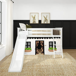 White kids loft bed with slide and playhouse curtain in modern bedroom, ladder and plaid bedding, black wainscoting, rabbit wall art, natural jute rug