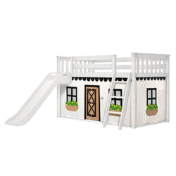 180417002069 : Bunk Beds Low Bunk with Easy Slide and Black and White Farmhouse Curtain, White
