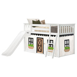 White wooden kids loft bed with slide and ladder, twin mattress and playhouse curtain with door and window planter boxes