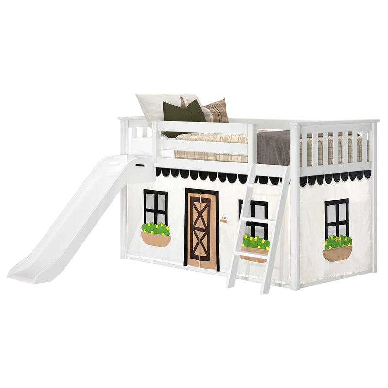 White wooden kids loft bed with slide and ladder, twin mattress and playhouse curtain with door and window planter boxes