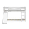 White wooden twin-over-twin bunk bed with slide and ladder, modern kids loft bed
