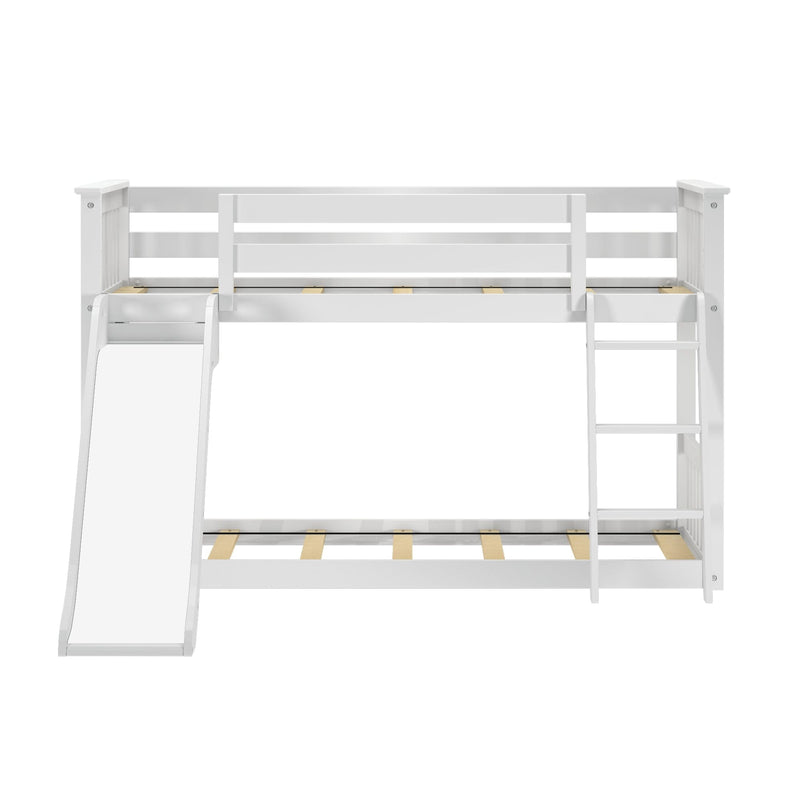 White wooden twin-over-twin bunk bed with slide and ladder, modern kids loft bed