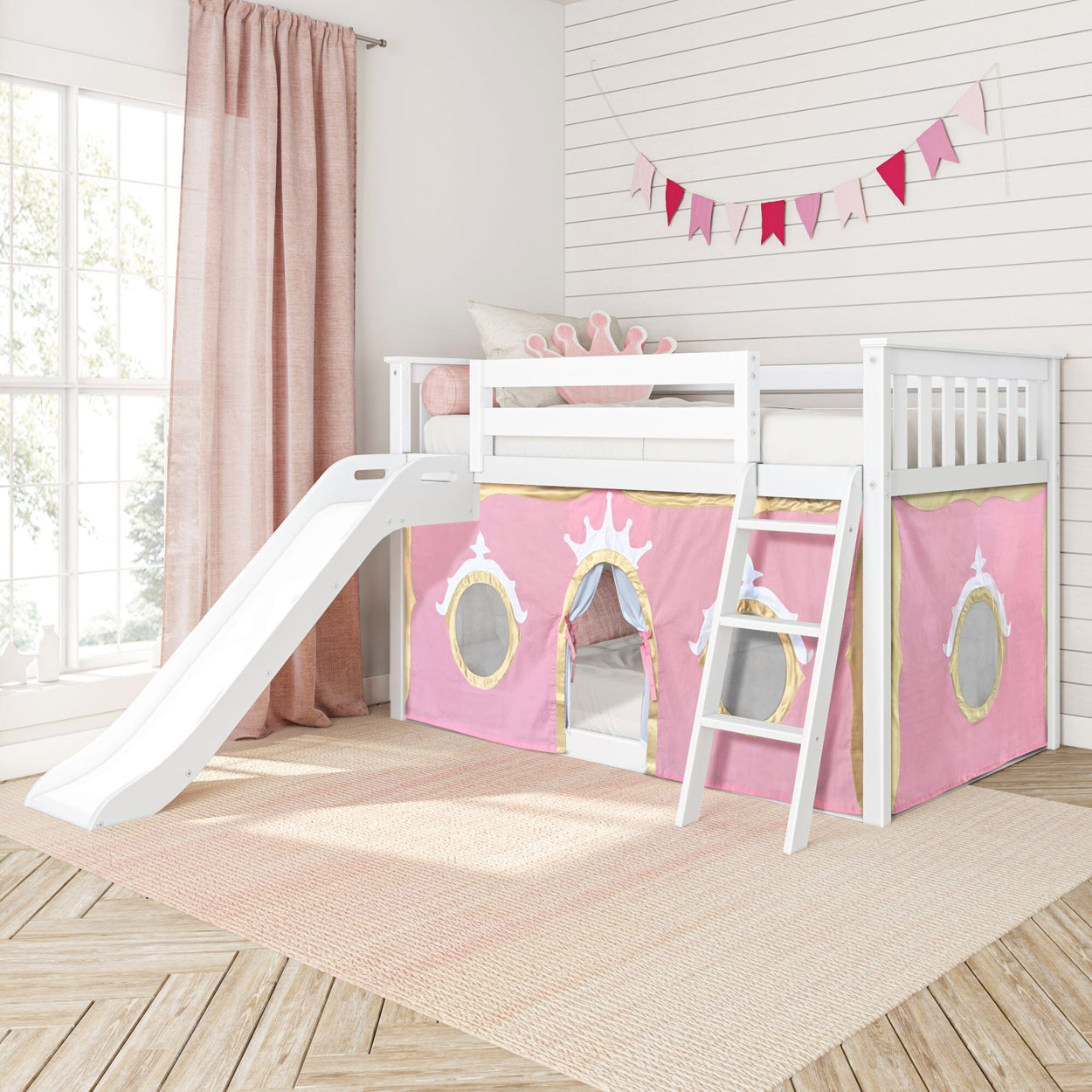 180417002083 : Bunk Beds Low Bunk with Easy Slide and Light Pink and Gold Princess Curtain, White