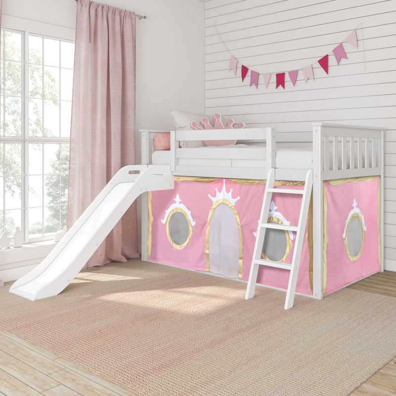 White wooden loft bed with slide and ladder, pink princess play-tent panels and crown pillow, bunting and pink curtains in bright kids' bedroom decor