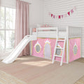 White wooden loft bed with slide and ladder, pink princess play-tent panels and crown pillow, bunting and pink curtains in bright kids' bedroom decor