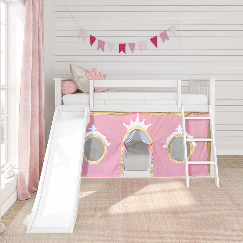White kids loft bed with slide and ladder featuring a pink and gold princess play-tent curtain, bunting, window and soft pink bedroom decor