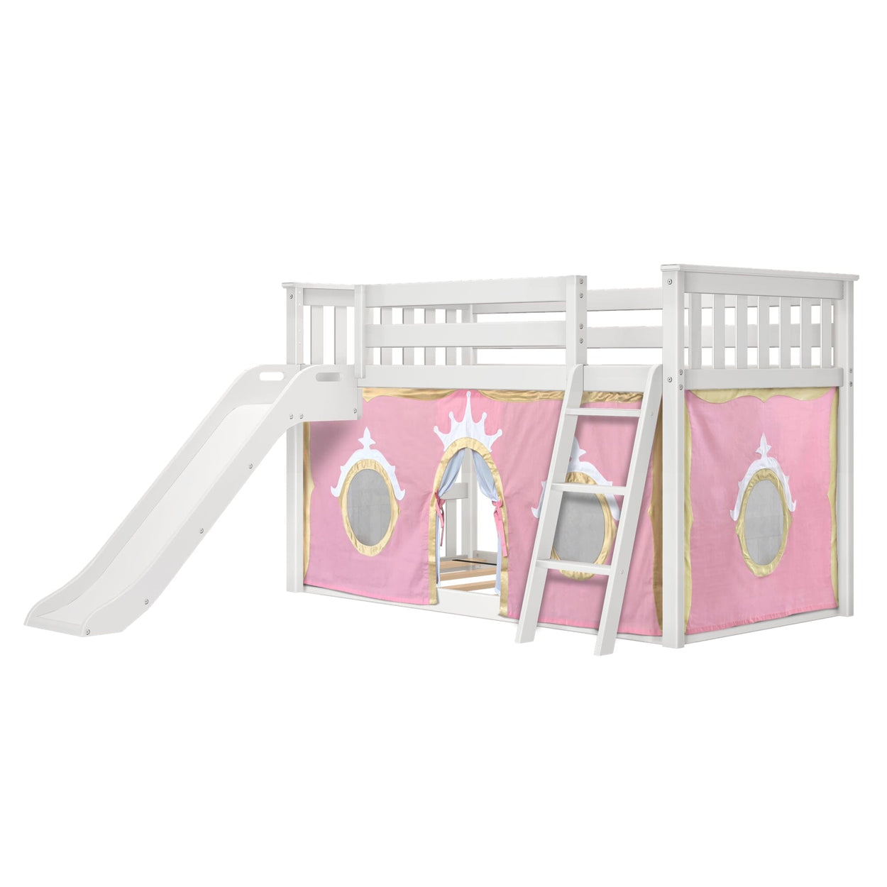 180417002083 : Bunk Beds Low Bunk with Easy Slide and Light Pink and Gold Princess Curtain, White