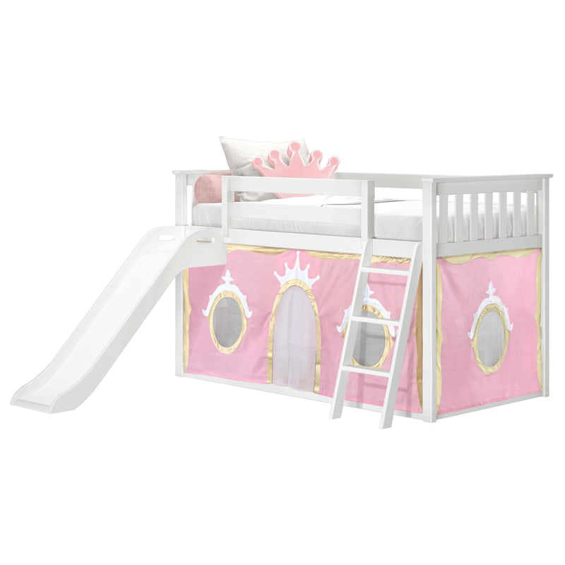 White wooden loft bed with slide and ladder, pink princess playhouse tent panels with round windows and crown pillow for kids' bedroom