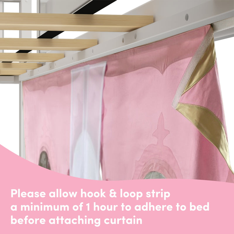 Pink bed curtain installation with hook and loop strip, instructions for secure attachment.