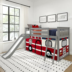 180417121043 : Bunk Beds Low Bunk with Easy Slide and Firetruck Curtain, Grey