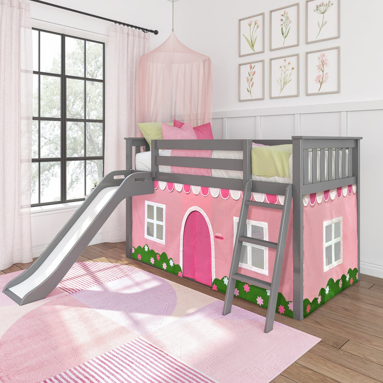180417121064 : Bunk Beds Low Bunk with Easy Slide and Light Pink and White Farmhouse Curtain, Grey