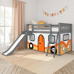 180417121067 : Bunk Beds Low Bunk with Easy Slide and Orange Camper Van Curtain, Grey