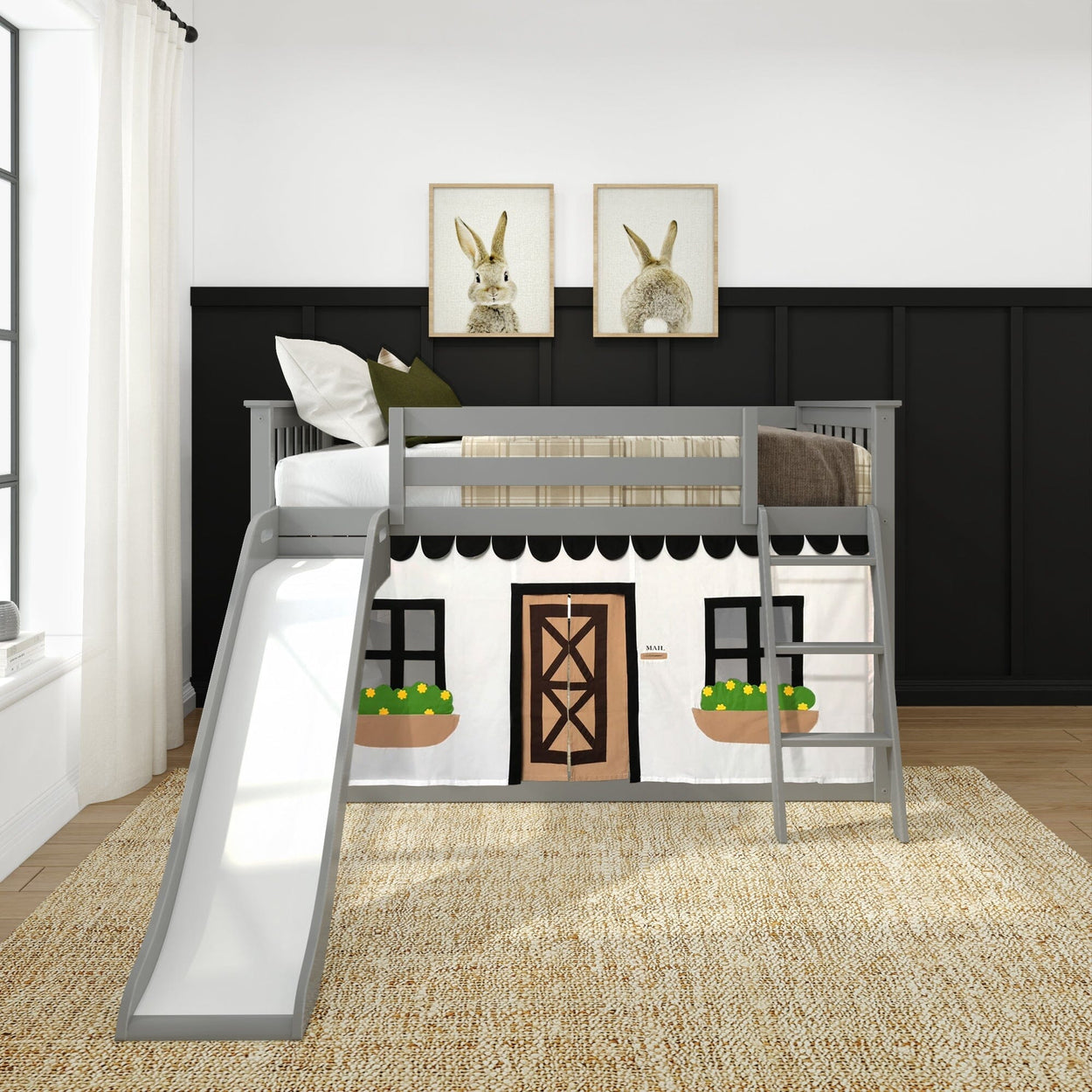 180417121069 : Bunk Beds Low Bunk with Easy Slide and Black and White Farmhouse Curtain, Grey