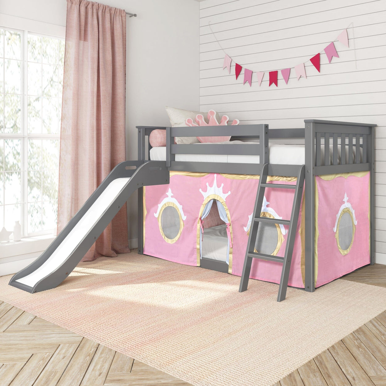 180417121083 : Bunk Beds Low Bunk with Easy Slide and Light Pink and Gold Princess Curtain, Grey