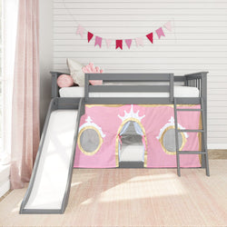 180417121083 : Bunk Beds Low Bunk with Easy Slide and Light Pink and Gold Princess Curtain, Grey