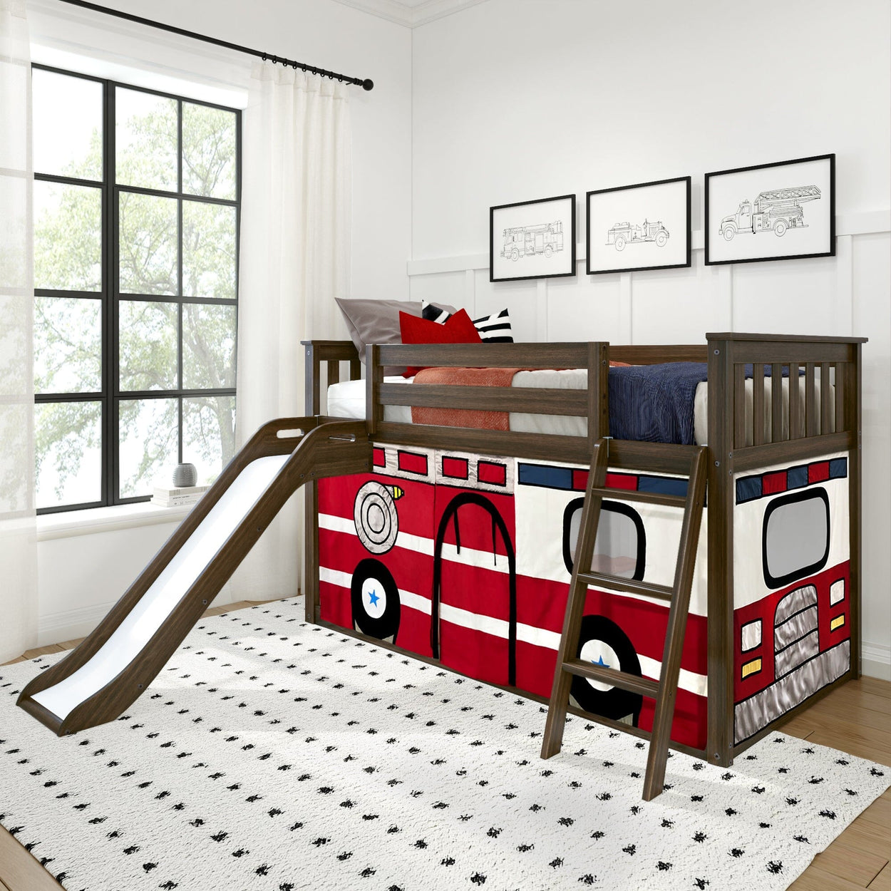 180417151043 : Bunk Beds Low Bunk with Easy Slide and Firetruck Curtain, Clay