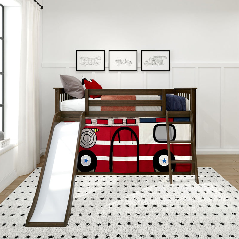 Wooden children's loft bed with slide and ladder, red fire-truck play curtain, white polka-dot rug and framed truck prints