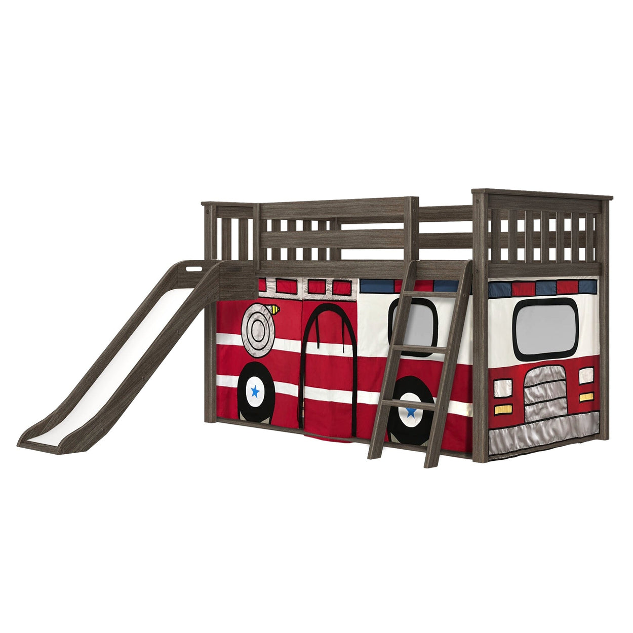 180417151043 : Bunk Beds Low Bunk with Easy Slide and Firetruck Curtain, Clay