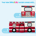 Max & Lily fire truck curtain panels for kids — front and side panels with red and white fire engine graphics, silver grille and lights, window, hose reel and wheel with blue star, center doorway flap on pale blue background