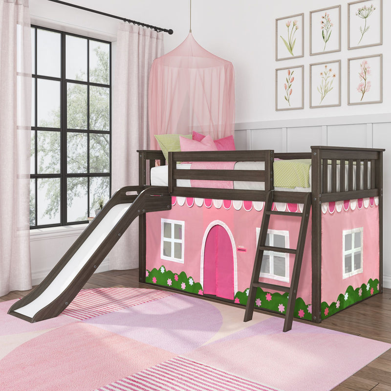 Children's loft bed with slide and playhouse design in pink themed bedroom.