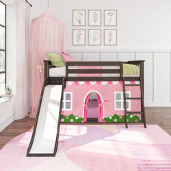 Girls' dark wood loft bed with slide and ladder, pink playhouse curtain and canopy, floral wall art and pink rug in a modern kids' bedroom