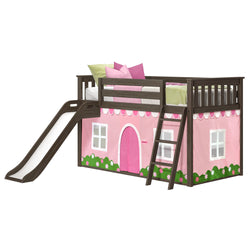 Kids loft bed with slide and pink playhouse curtain for girls' bedroom.