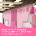 Pink kids bed canopy curtain with hook-and-loop adhesive strip attached to wooden slatted bed frame, featuring mesh windows and scalloped edge — installation instruction graphic